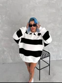 Unisex Üç İplik Parçalı Yakalı SweatShirt - Siyah - 3