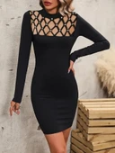 Kadın Uzun Kollu Bisiklet Yaka Lazer Kesim Inci Detay Viskon Iki Iplik Mini Boy Elbise thumbnail 3