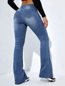 Kadın Yüksek Bel Cepli İspanyol Paçalı Kot Jeans Pantolon - 5