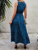 Kadın Kolsuz Bisiklet Yaka Beli Lastikli Desenli Süprem Elbise thumbnail 4