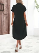 Kadın Kısa Kollu Yakalı Düğme Detay Midi Dokuma Elbise thumbnail 4