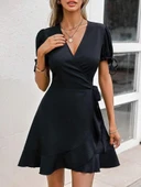 Kadın Kısa Kollu Kruvaze Yakalı Yandan Bağlamalı Janjan Krep Elbise thumbnail 3