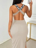 Kadın Yuvarlak Yaka Sırttan çapraz şerit Love Detaylı Yırtmaçlı Viskon Elbise thumbnail 1