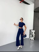 Osy Modal Yumuşak Dokulu Kumaş Kısa Kollu Crop Alt Ispanyol Paça Pantalon Ikili Takım - Lacivert - 2