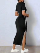 Kadın Kısa Kollu V Yakalı Yandan Yırtmaçlı Viskon Iki Iplik Elbise thumbnail 5