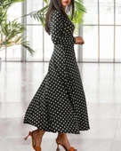 Kadın Krep Kumaş Uzun Kollu Tam Boy Puantiyeli Elbise 132 Cm thumbnail 9