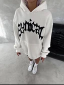 Unisex Üç İplik Kapşonlu Baskılı SweatShirt - Beyaz - 3