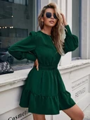 Kadın Uzun Kollu Bisiklet Yaka Beli Lastikli Fırfırlı Ithal Krep Elbise thumbnail 6