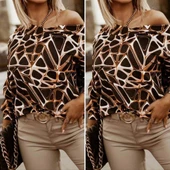 Kadın Uzun Kollu V Yaka Düşük Omuz Geometrik Desen şardonlu Dalgıç Bluz thumbnail 3