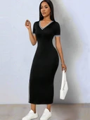 Kadın Kısa Kollu V Yakalı Yandan Yırtmaçlı Viskon Iki Iplik Elbise thumbnail 4