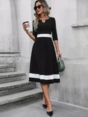 Kadın Truvakarkol Yakası Açık Blok Renkli Krep Midi Elbise thumbnail 2