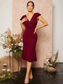 Kadın Kısa Kelebek Kollu Kruvaze Yaka Ithal Krep Midi Elbise thumbnail 1