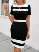 Kadın Kısa Kollu Bisiklet Yaka çift Renkli Ithal Krep Elbise thumbnail 5