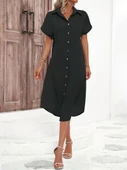 Kadın Kısa Kollu Yakalı Düğme Detay Midi Dokuma Elbise thumbnail 5