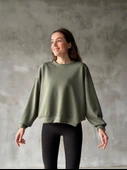 Osy Modal Yumuşak Dokulu Kumaş Bisiklet Yaka Oversize Sweatshirt - Haki - 1