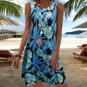 Kadın Mavi Yaprak Baskılı Askılı Süprem Elbise thumbnail 9