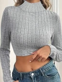 Kadın Uzun Kollu Balıkçı Yaka şardonlu Kaşkorse Krop Bluz thumbnail 2