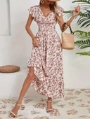 Kadın Kısa Kollu Kruvaze Yaka Beli Lastikli çiçek Desenli Elbise thumbnail 2