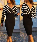 Uzun Kollu Kruvaze Yaka çizgi Desenli Kısa Triko Elbise thumbnail 7