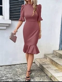 Kadın Kısa Kollu Yarı Balıkçı Yakalı Etek Ucu Fırfırlı Midi Ithal Krep Elbise thumbnail 4