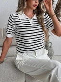 Kadın Kısa Kol Polo Yaka çizgi Desen Triko Bluz thumbnail 2