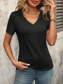 Kadın Kollu V Yakalı Omuzlarda çizgi Detaylı Viskon Bluz thumbnail 6