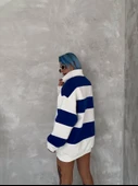 Unisex Üç İplik Parçalı Yakalı SweatShirt - Mavi - 4