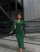 Kadın Kruvaze Yaka Balon Kol Simli Krep Kumaş Midi Boy Elbise thumbnail 3