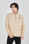 Erkek Yarım Fermuarlı Baskılı Sweat - Bej thumbnail 3