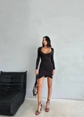 Kadın Uzun Kollu Göğüs Ve Sırt Dekolteli Kruvaze Etek Detay Fırsat ürün Mini Elbise thumbnail 4