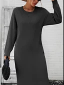 Kadın Uzun Kollu Bisiklet Yaka Yırtmaç Detay Triko Midi Boy Elbise thumbnail 2