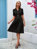 Kadın Kısa Kollu Düğmeli Ve Kemerli Atlas Elbise thumbnail 1