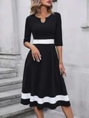 Kadın Truvakarkol Yakası Açık Blok Renkli Krep Midi Elbise thumbnail 5