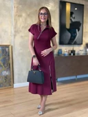 Kadın Kısa Kollu Yakadan Ve Etekten Fermuarlı Midi Viskon Iki Iplik Elbise thumbnail 1