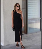 Kadın Sıfır Kol Tek Omuz Damla Detay JanJan Krep Elbise thumbnail 5