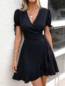 Kadın Kısa Kollu Kruvaze Yakalı Yandan Bağlamalı Janjan Krep Elbise thumbnail 6