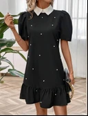 Kadın Kısa Kollu Yakalı Inci Detaylı Kısa Ithal Krep Elbise thumbnail 4