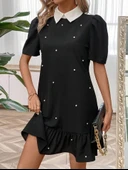 Kadın Kısa Kollu Yakalı Inci Detaylı Kısa Ithal Krep Elbise thumbnail 3