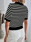 Kadın Kısa Kol Polo Yaka çizgi Desen Triko Bluz thumbnail 4