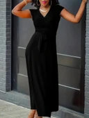 Kadın Kısa Kollu V Yakalı Belden Kuşaklı Maksi Boy Viskon Elbise thumbnail 1