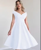 Kadın Kısa Kollu Kruvaze Yaka Eteği Volanlı Krep Elbise thumbnail 2