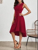 Kadın Sıfır Kollu Bisiklet Yaka Büzgülü Asimetrik Kesim Detaylı Janjan Krep Elbise thumbnail 2