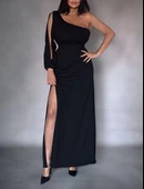 Tek Omuz Açık Derin Yırtmaçlı Krep Tam Boy Elbise thumbnail 7