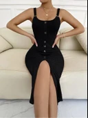 Kadın Kolsuz Askı Halka Detay önü Düğmeli Midi Boy Yırtmaçlı Fitilli Kaşkorse Elbise thumbnail 1