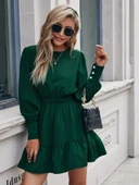 Kadın Uzun Kollu Bisiklet Yaka Beli Lastikli Fırfırlı Ithal Krep Elbise thumbnail 1