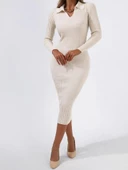 Kadın V Yakauzun Kollu Midiboy Triko Elbise thumbnail 2