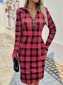Kadın Uzun Kollu Fermuarlı Ekose Baskılı Dalgıç Elbise thumbnail 1