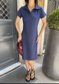 Osy Modal Yumuşak Dokulu Kumaş Yakalı Kısa Kollu Elbise - Mavi thumbnail 2