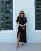 Kadın Kısa Kollu Bisiklet Yakalı Yandan Yırtmaçlı Büzgülü Janjan Krep Elbise thumbnail 7