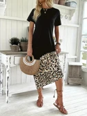 Kadın Kısa Kollu Bisiklet Yaka Leopar Detaylı Midi üst Viskon Alt Süprem Elbise thumbnail 4